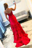 Red Sweetheart Ruffled Mermaid Corset Long Prom Dress with Slit