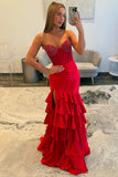 Red Sweetheart Ruffled Mermaid Corset Long Prom Dress with Slit