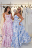 Jacquard Blue Spaghetti Straps A-Line Long Prom Dress
