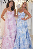 Jacquard Blue Spaghetti Straps A-Line Long Prom Dress