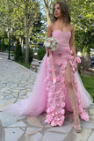 Strapless Pink 3D Flowers Sheath Long Prom Dress with Slit
