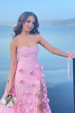 Strapless Pink 3D Flowers Sheath Long Prom Dress with Slit