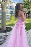 Strapless Pink 3D Flowers Sheath Long Prom Dress with Slit