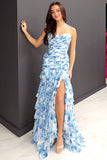 White Blue Flower Sweetheart Sheath Ruffled Long Chiffon Prom Dress with Slit