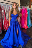 Strapless Royal Blue A-Line Long Satin Prom Dress with Slit
