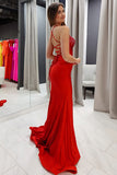Red Mermaid Spaghetti Straps Corset Long Satin Prom Dress with Beading