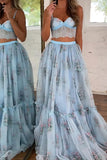 Blue Spaghetti Straps A-Line Print Long Prom Dress with Lace Up Back