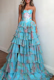 Blue A Line Floral Tiered Corset Long Prom Dress with Ruffles