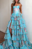 Blue A Line Floral Tiered Corset Long Prom Dress with Ruffles