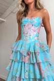 Blue A Line Floral Tiered Corset Long Prom Dress with Ruffles