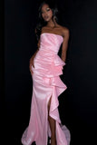 Pink Ruffled Mermaid Ruched Strapless Long Prom Dress with Slit