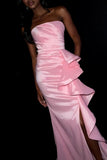 Pink Ruffled Mermaid Ruched Strapless Long Prom Dress with Slit