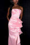 Pink Ruffled Mermaid Ruched Strapless Long Prom Dress with Slit