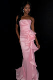 Pink Ruffled Mermaid Ruched Strapless Long Prom Dress with Slit