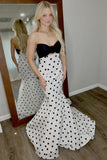 White Black Dot Strapless Mermaid Long Prom Dress