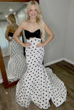 White Black Dot Strapless Mermaid Long Prom Dress
