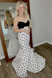 White Black Dot Strapless Mermaid Long Prom Dress