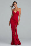 Red Sheath Ruched Formal Dress With Slit
