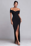 Off The Shoulder Sheath Black Tie Dress With Slit