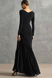 Black Pleated Mermaid Bateau Neck Formal Dress with Long Sleeves