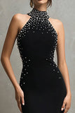 Beaded Black Sheath Halter Long Formal Dress