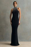 Halter Sheath Black Formal Dress With Beading