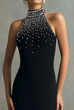Halter Sheath Black Formal Dress With Beading
