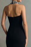 Halter Sheath Black Formal Dress With Beading
