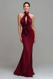 Burgundy Mermaid Halter Long Formal Dress with Ruffles