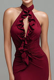 Burgundy Mermaid Halter Long Formal Dress with Ruffles