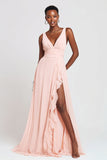 Pink A-Line V-Neck Ruffle Maxi Dress With Slit