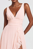 Pink A-Line V-Neck Ruffle Maxi Dress With Slit