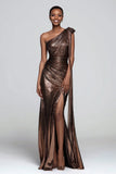 Metallic Ruched Brown One Shoulder Maxi Dress With Slit