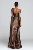 Metallic Ruched Brown One Shoulder Maxi Dress With Slit