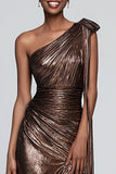 Metallic Ruched Brown One Shoulder Maxi Dress With Slit