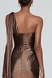 Metallic Ruched Brown One Shoulder Maxi Dress With Slit