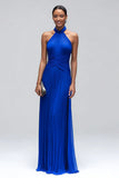 Royal Blue Halter Sheath Pleated Long Formal Dress