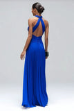 Royal Blue Halter Sheath Pleated Long Formal Dress