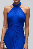 Royal Blue Halter Sheath Pleated Long Formal Dress
