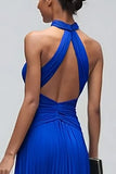 Royal Blue Halter Sheath Pleated Long Formal Dress
