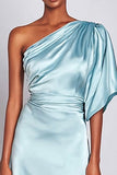 Light Blue One Shoulder Satin Long Formal Dress