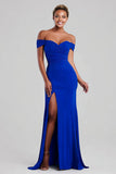 Royal Blue Off The Shoulder Sheath Long Formal Dress With Slit