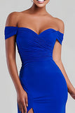 Royal Blue Off The Shoulder Sheath Long Formal Dress With Slit