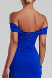 Royal Blue Off The Shoulder Sheath Long Formal Dress With Slit