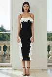 Black and White Spaghetti Straps Sheath Midi Dress With Ruffles