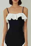 Black and White Spaghetti Straps Sheath Midi Dress With Ruffles