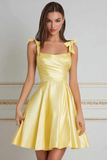 Yellow A-Line Ruched Homecoming Dress with Bowknot