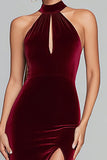 Burgundy Velvet Halter Mermaid Formal Dress With Slit