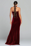 Burgundy Velvet Halter Mermaid Formal Dress With Slit