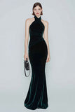 Mermaid Dark Green Velvet Halter Formal Dress